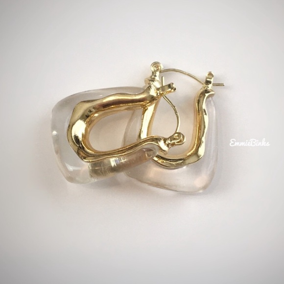 New Anthropologie Gold Rimmed Resin U Shape Huggie Hoop Earrings - Picture 3 of 16